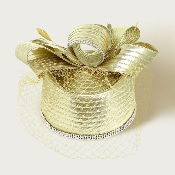 Rhinestone Rim Bow Top Feather Accented Mesh Dressy Hat - Picture 1 of 1